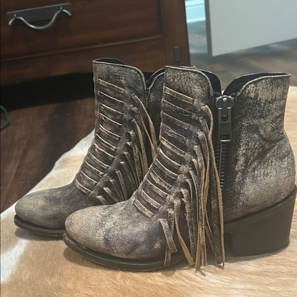 Brown Lace-Up Ankle Boots with Fringe Detail